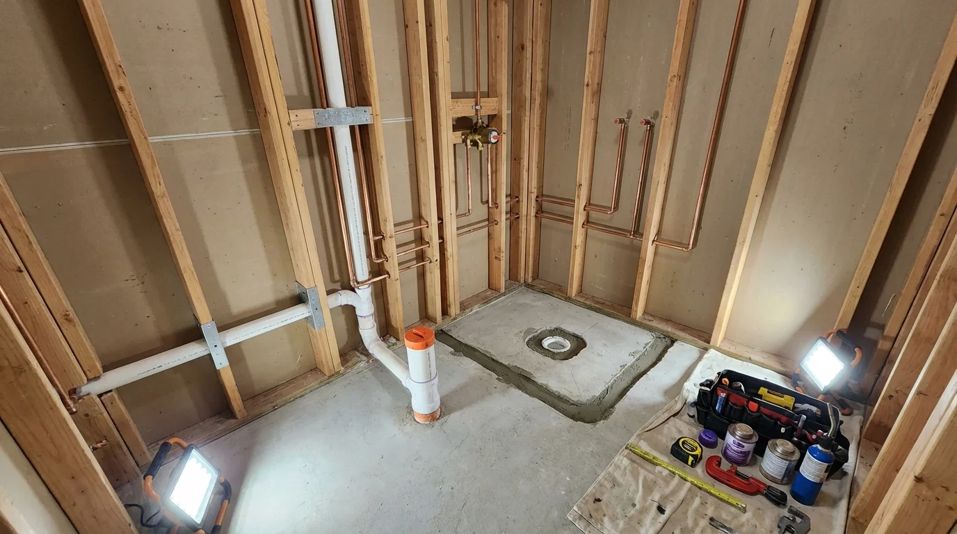 Bathroom rough-in plumbing during remodel by Johns Plumbing LLC in Russiaville