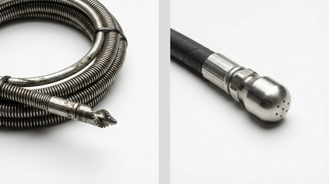 Drain snake cable and hydro jetting nozzle used for drain cleaning in Russiaville, IN