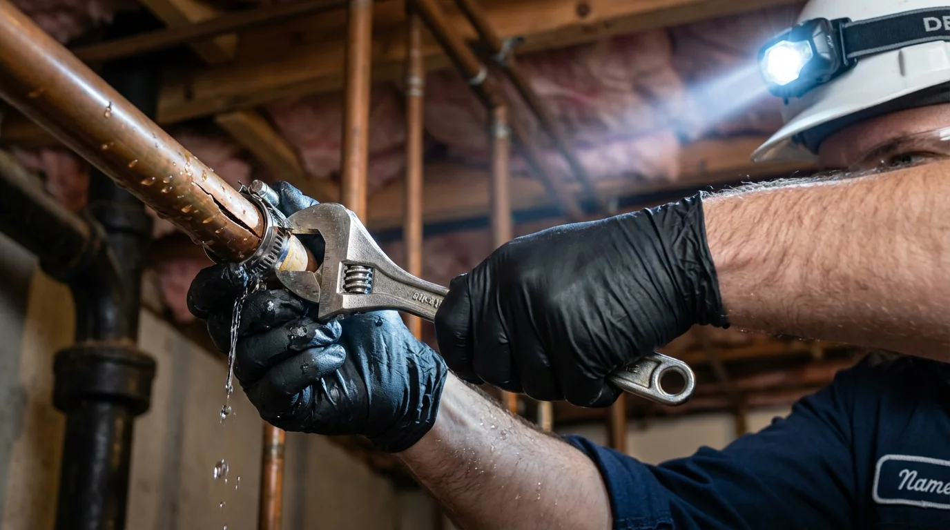 Emergency pipe clamp repair being performed by a Johns Plumbing LLC plumber in Russiaville
