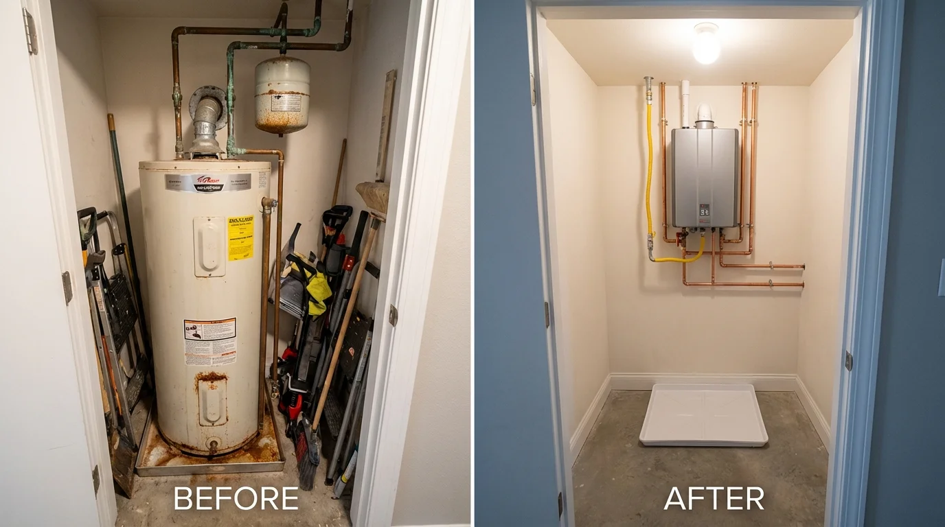 Tank water heater versus wall-mounted tankless unit comparison for Russiaville, IN homeowners