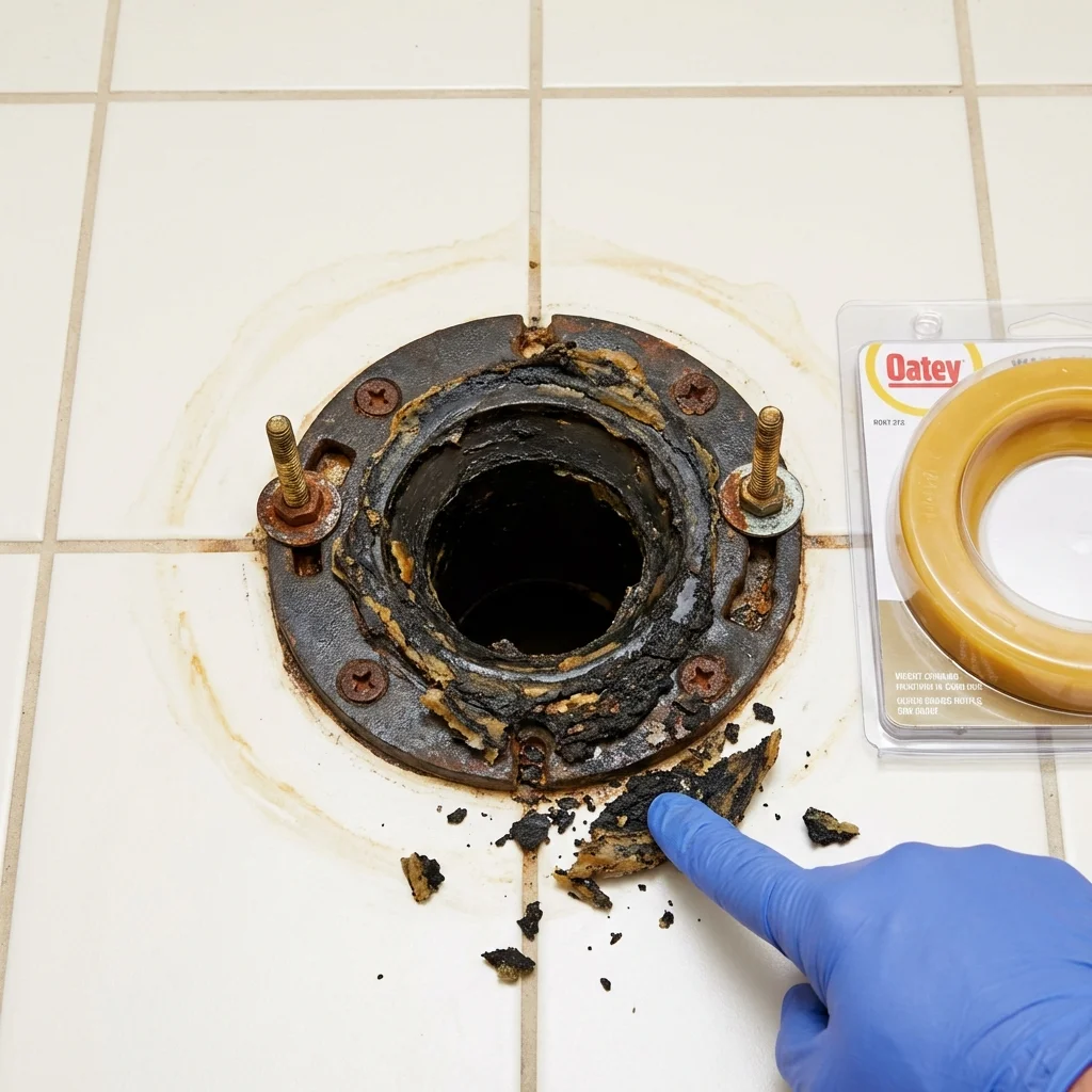Failed wax ring showing water seepage at the base of a toilet in a Russiaville, IN home
