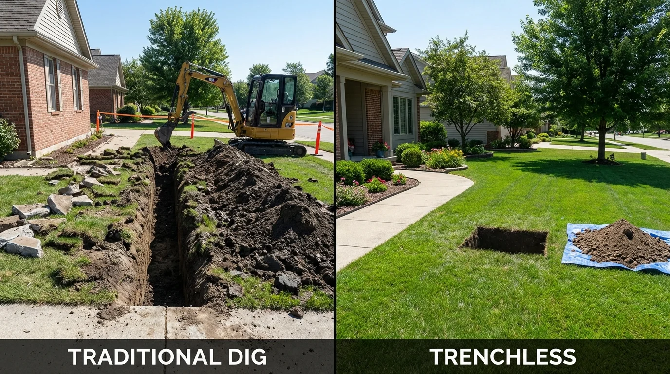 Trenchless sewer repair with minimal yard damage versus traditional excavation in Russiaville, IN
