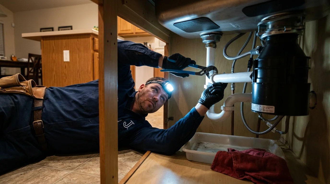 P-trap and supply line connections under a kitchen sink showing a common leak point in Russiaville, IN